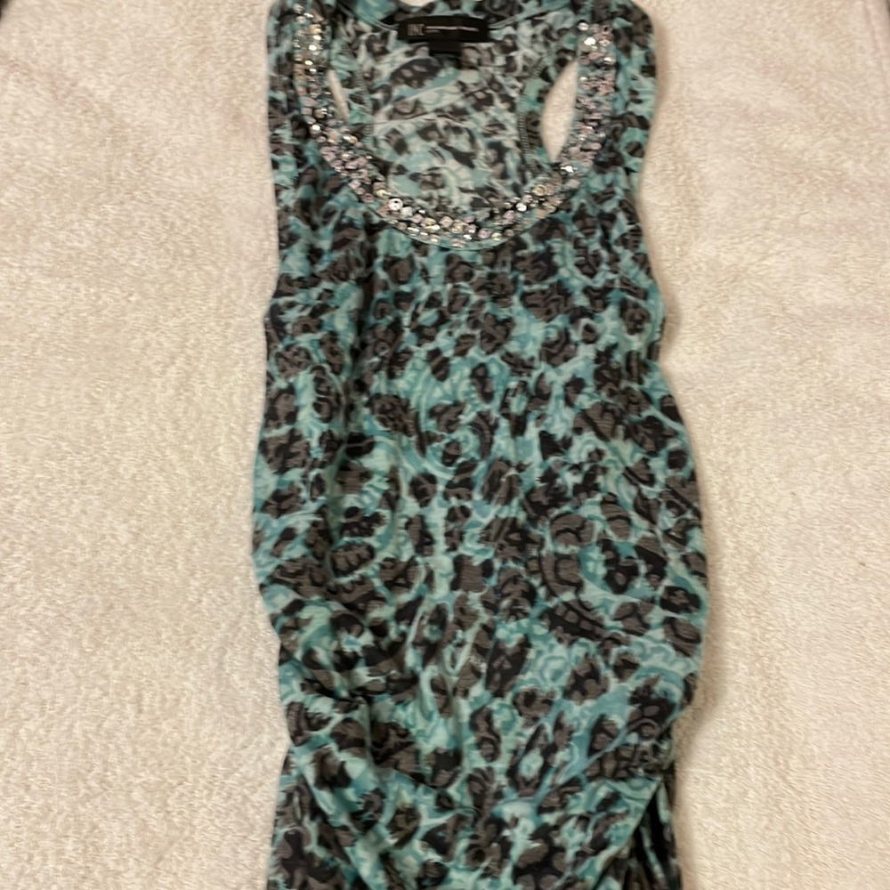 Women’s Inc petite tank top size S. Green/black leopard print with silver stones